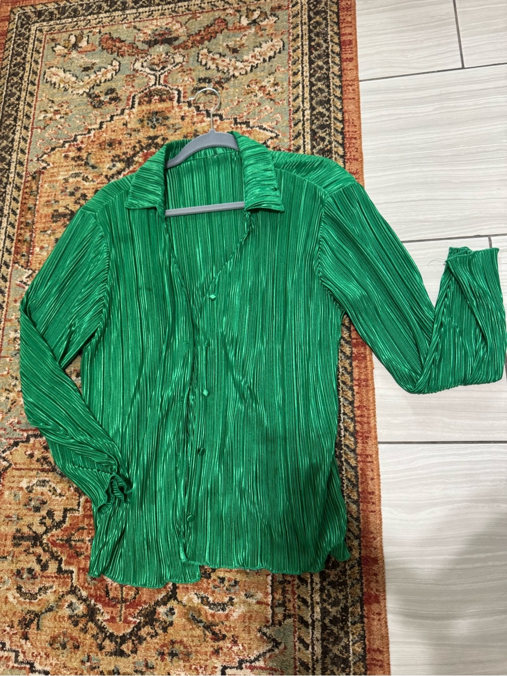 Green Pleated Button-Up Blouse